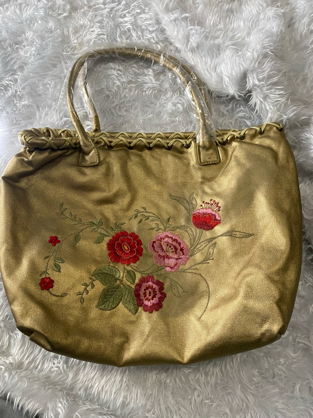 Gold Floral Embroidered Tote Bag vtg